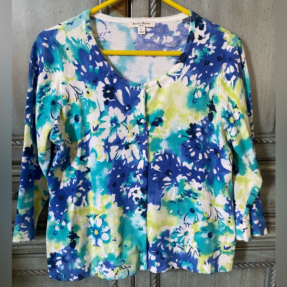 Studio Works Petite Cardigan Sweater w/ Vivid Blues, Aqua & White Floral Pattern